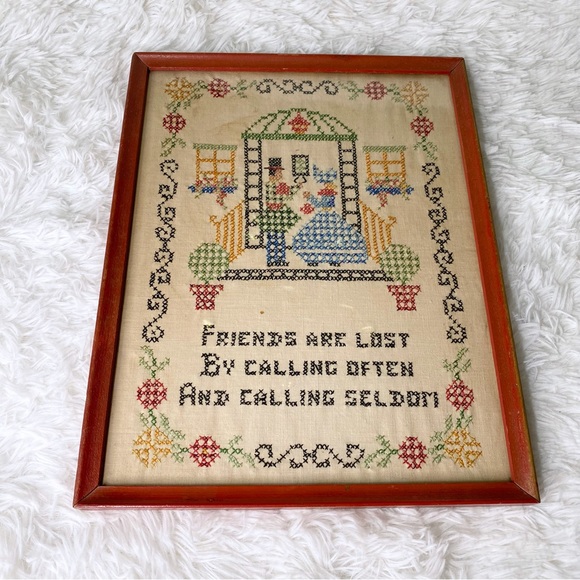Vintage Friends Are Lost By Calling Often And Calling Seldom Framed Cross Stitch - Picture 1 of 9